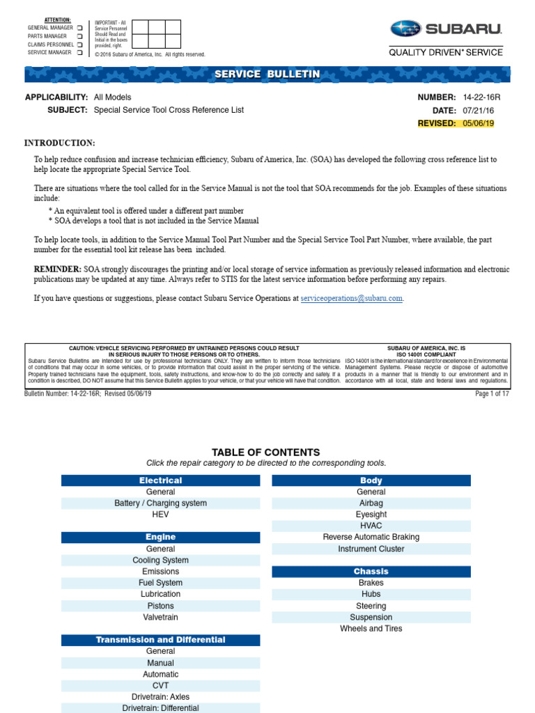 Subaru Special Service Tool Guide | PDF | Fuel Injection | Wi Fi