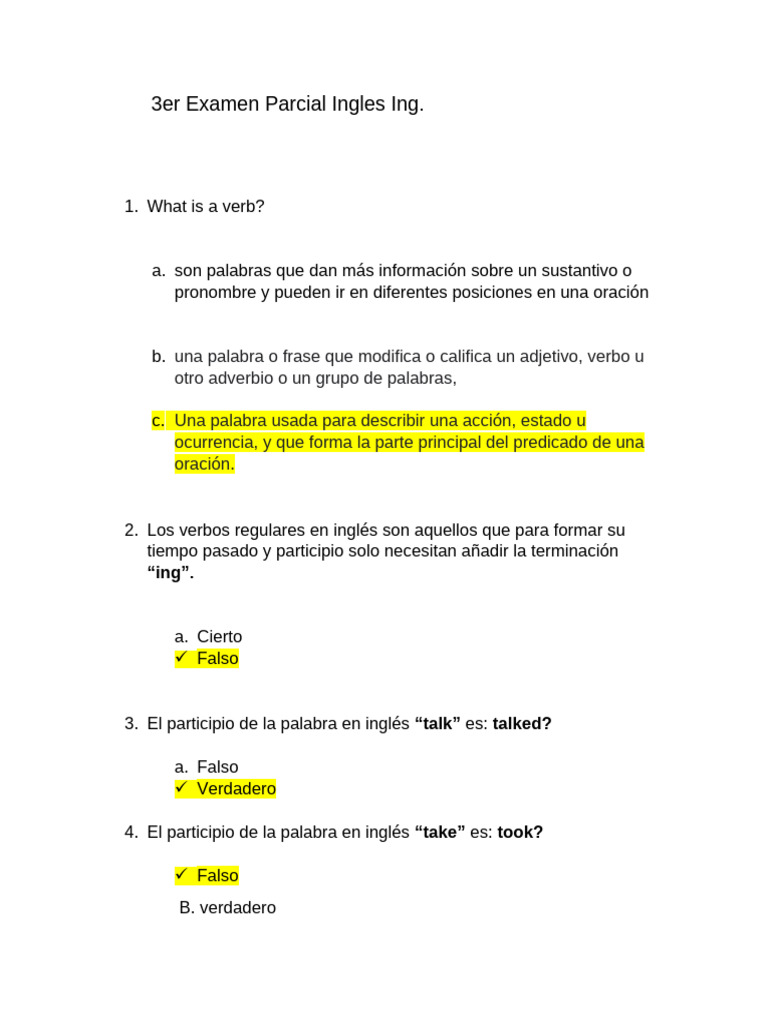 Examen Parcial de Inglés: Verbos y Adjetivos | PDF | Adjetivo | Lingüística