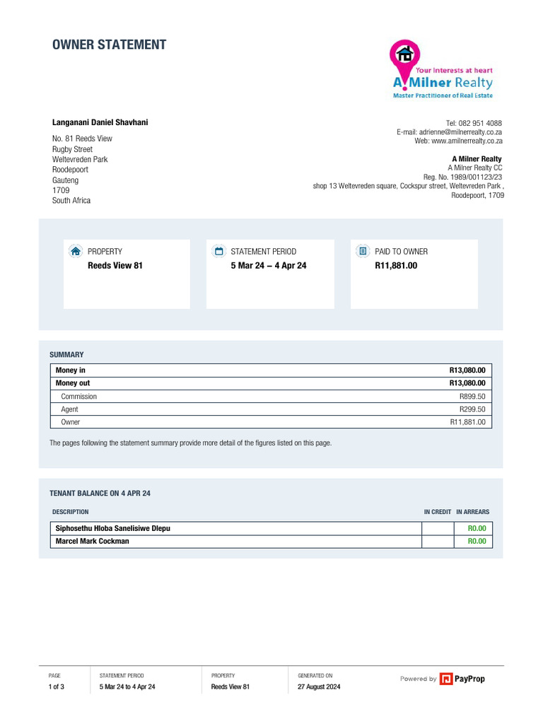 OwnerStatement ReedsView81 20240305 20240404 | PDF | Land Law | Renting