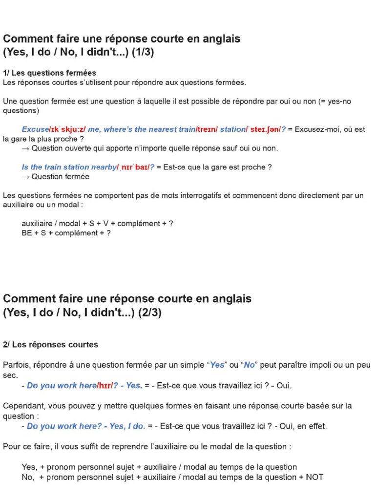 Réponses Courtes en Anglais | PDF