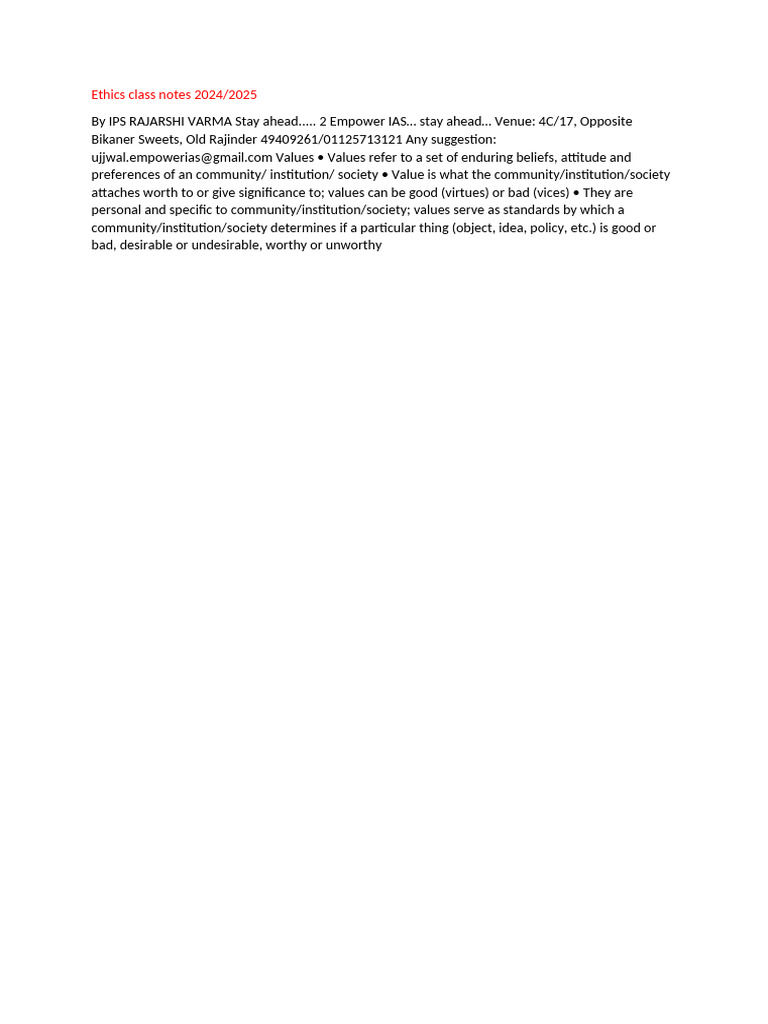 Ethics Class Notes 2024 | PDF