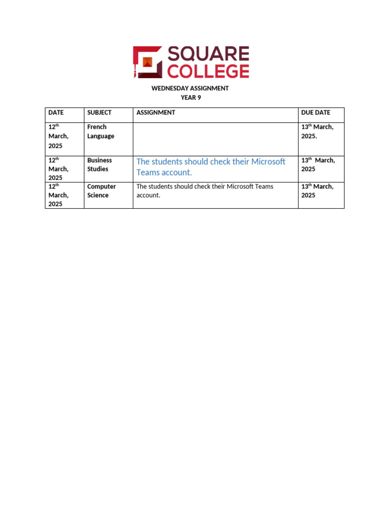 WEDNESDAY ASSIGNMENT Year 09 | PDF