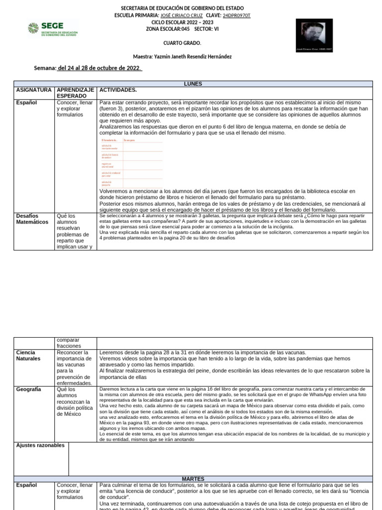 Plan de Clases del 24 al 28 de Octubre | PDF