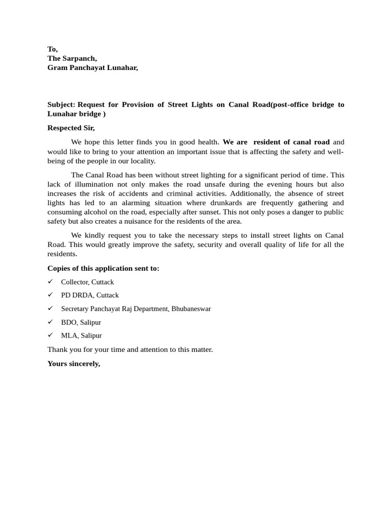 Request for Street Lights on Canal Road | PDF