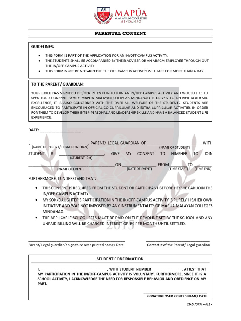 Parental Consent for Student Activity | PDF | Family | Social Institutions