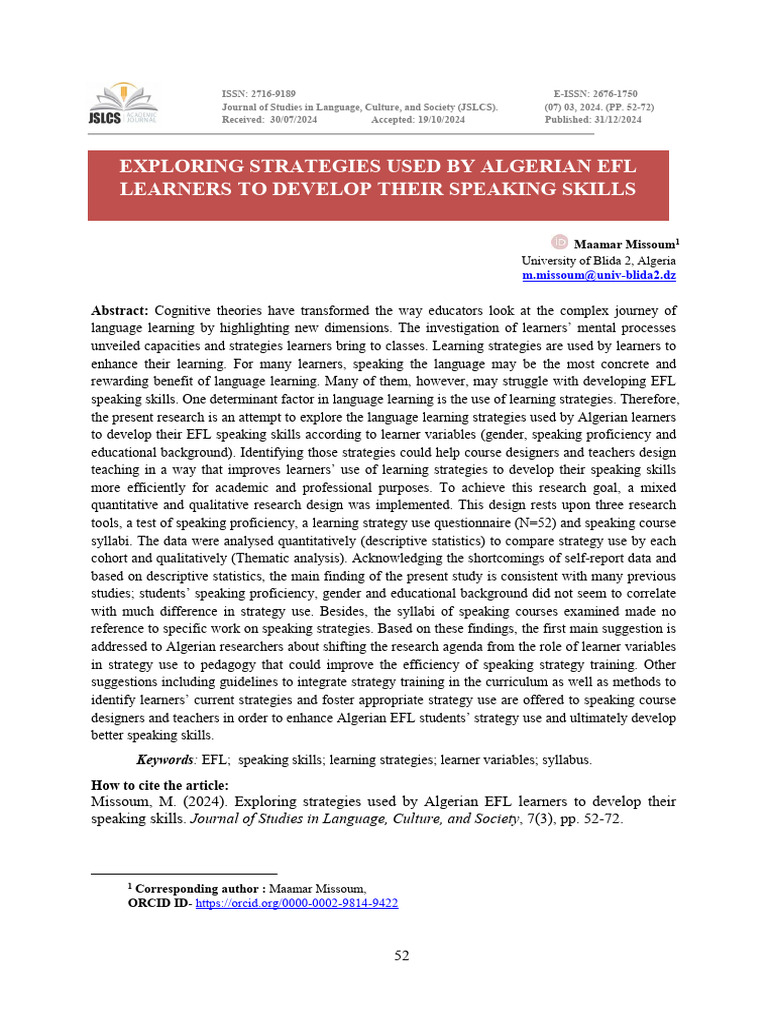 Exploring Strategies Used by Algerian Efl Learners To Develop Their ...