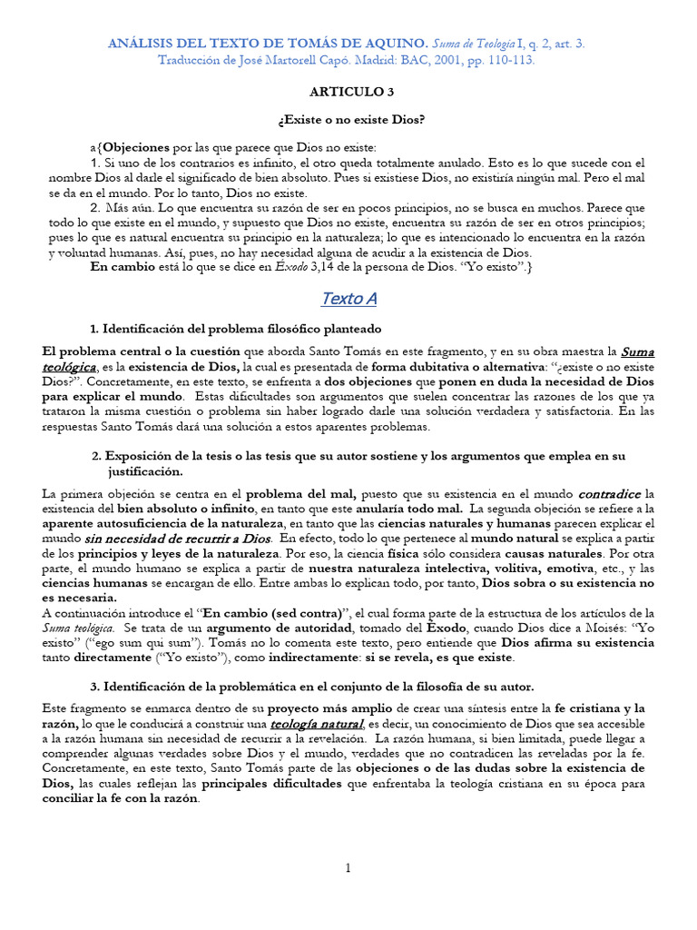 Análisis Del Texto Santo Tomás | PDF | Tomás de Aquino | Existencia de dios