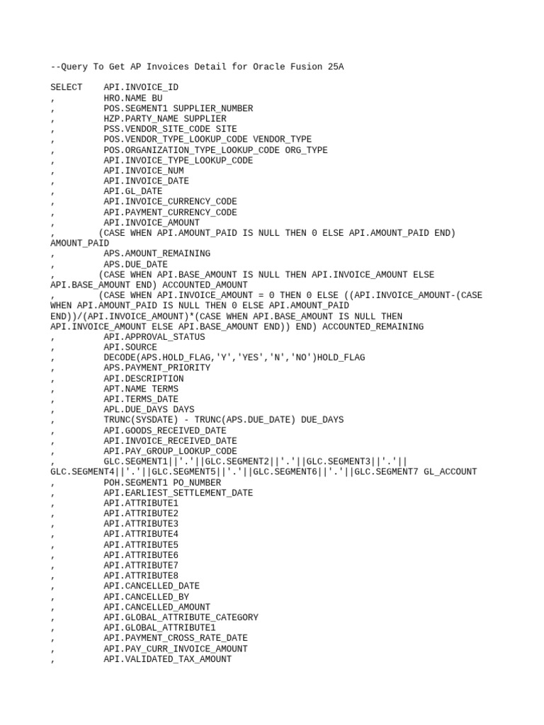 AP Invoice Details Query for Oracle Fusion | PDF | Software Engineering ...