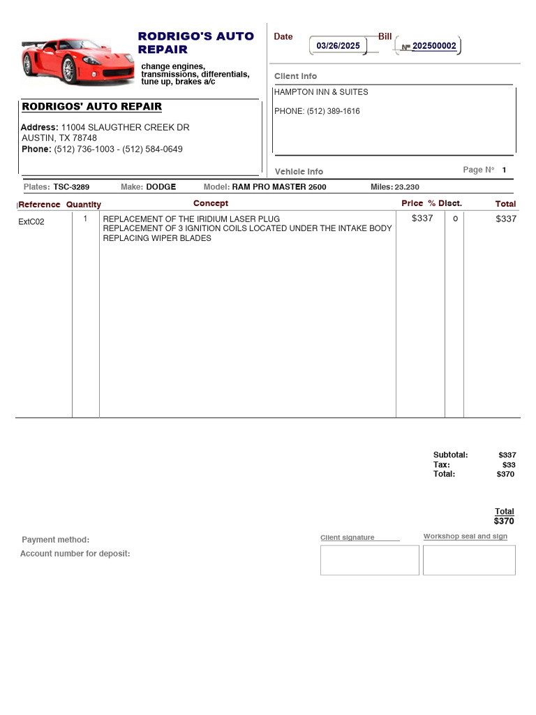 Auto Repair Invoice for Hampton Inn | PDF