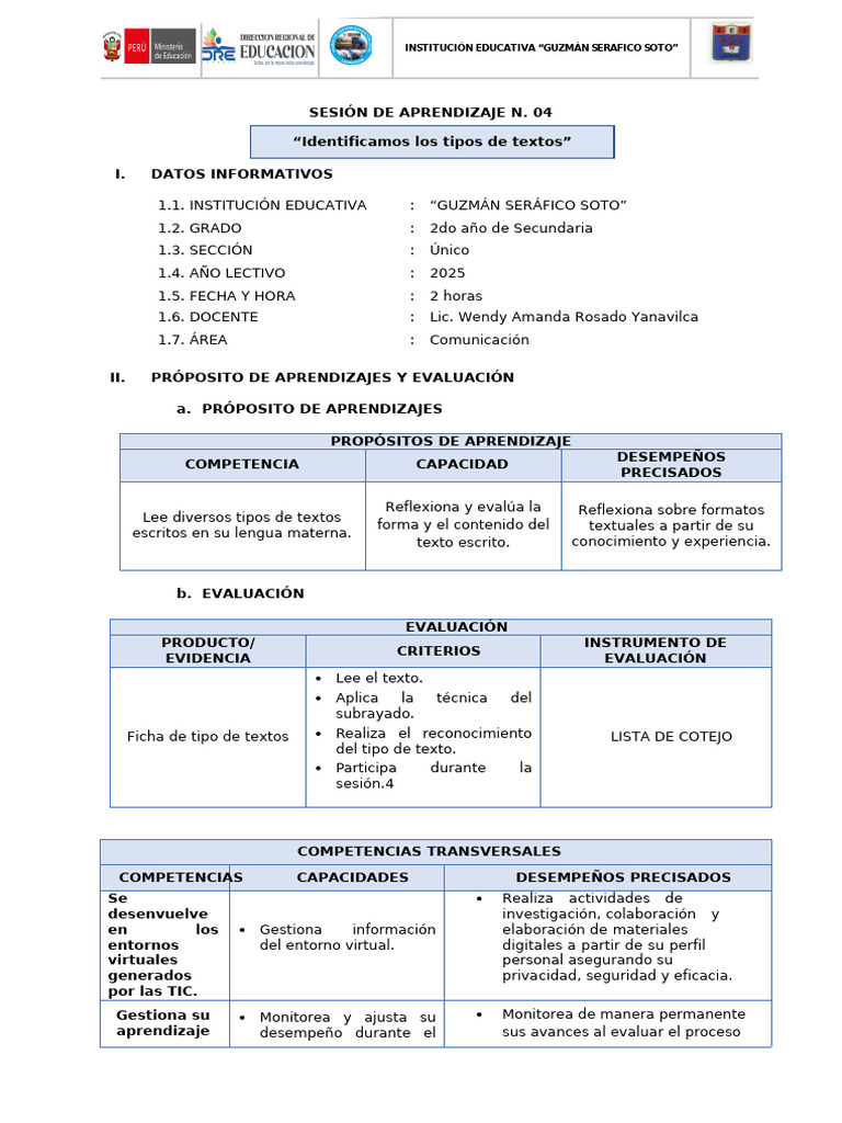 SESION 2 - 1ero de sec - 1 unidad- Tipos de textos | PDF | Aprendizaje ...