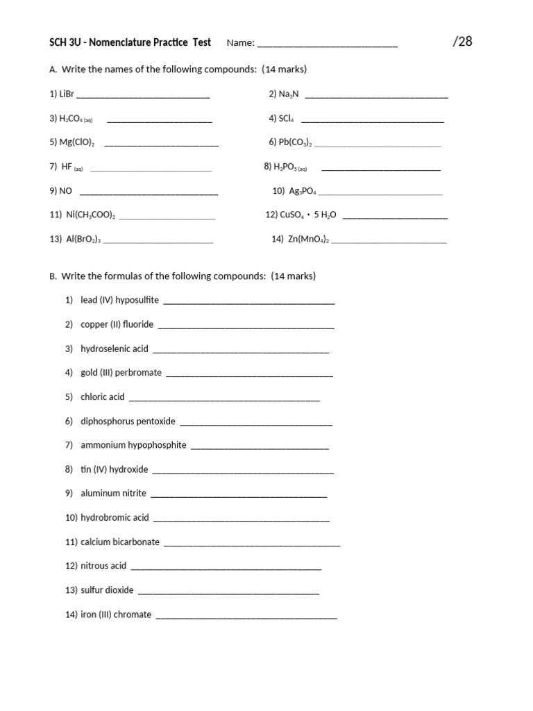 Nomenclature Practice Test SCH 3U | PDF