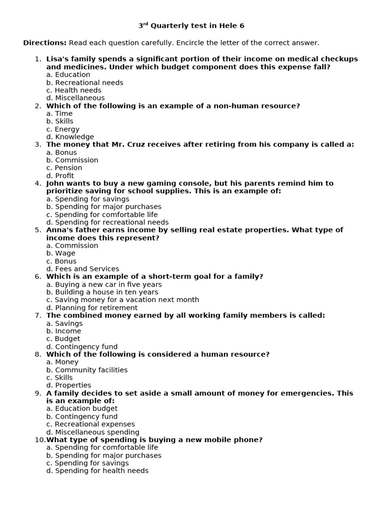 3rd Quartely Test in Hele 6 | PDF | Expense | Budget