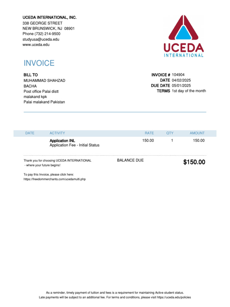 UCEDA New Brunswick Tuition Invoice | PDF