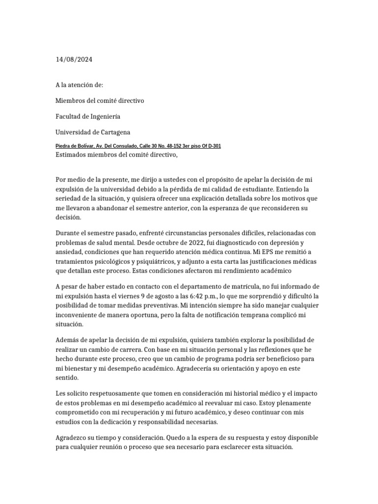 Carta Apelación Expulsión | PDF