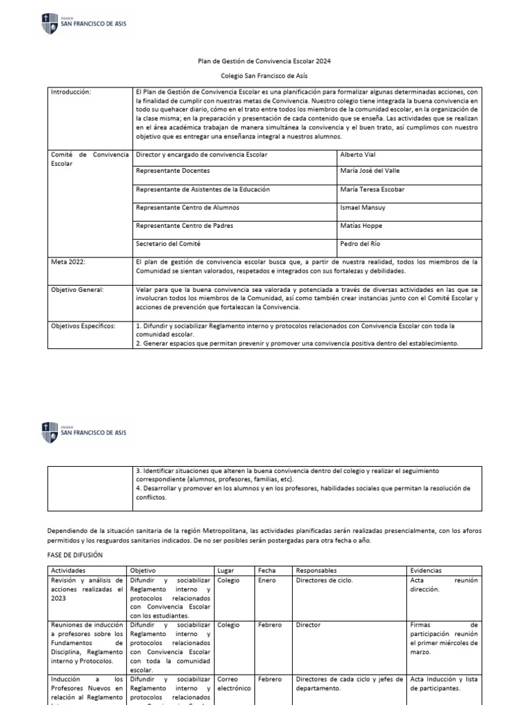 Plan de Convivencia Escolar 2024 | PDF | Educación de la primera infancia