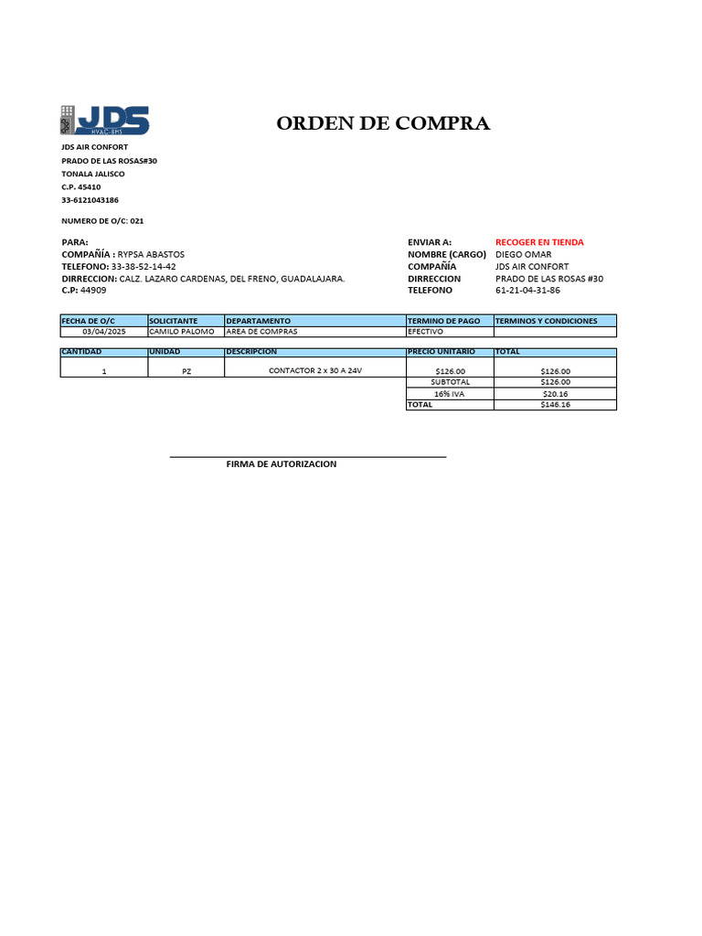 Orden de Compra 021 | PDF