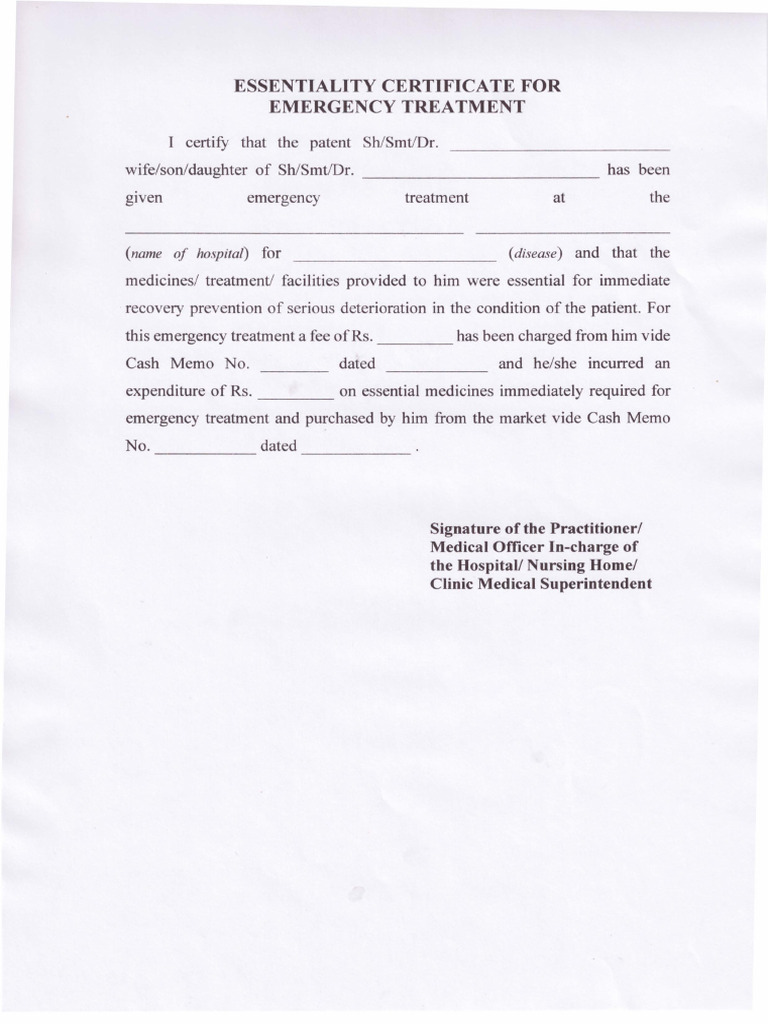 Emergency Treatment Essentiality Certificate | PDF