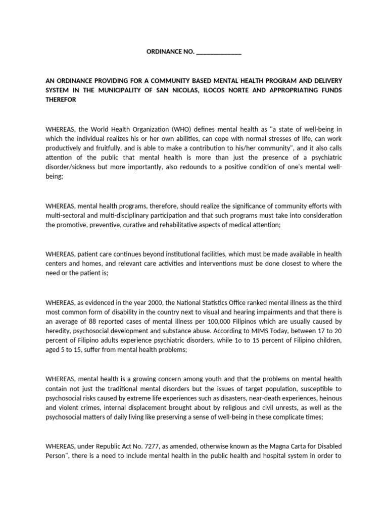 San Nicolas Community Mental Health Ordinance | PDF | Mental Health ...