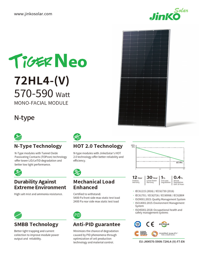 Junページ Jinko 590W Monofacial Module Datasheet | PDF | Glasses | Electricity