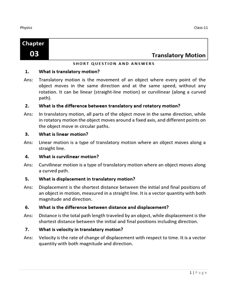 Ch-03: Translatory Motion - Short Question Answers - PDF | PDF | Collision  | Momentum, image size:768x1024