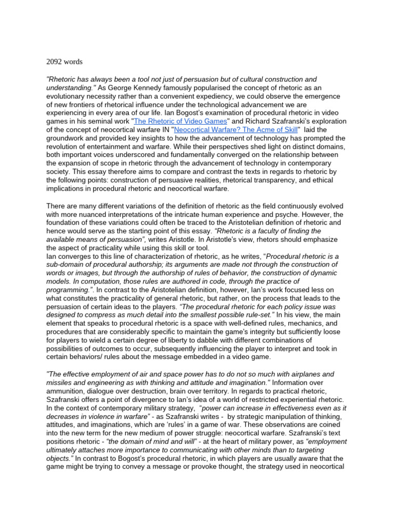 Rhetoric in Video Games vs. Warfare | PDF | Rhetoric | Persuasion