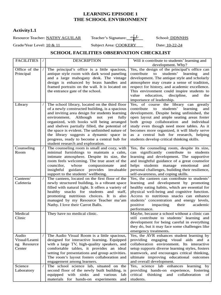 School Environment Observation Checklist | PDF | Classroom | Learning