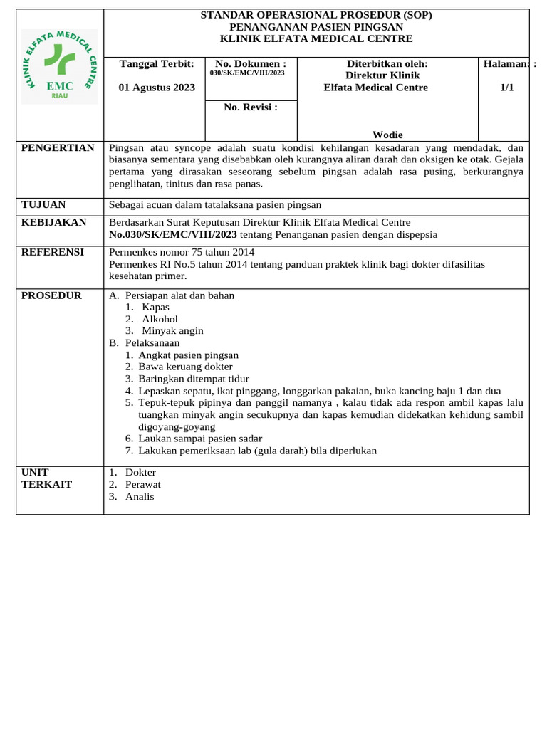 SOP Penanganan Pasien Pingsan Klinik Elfata | PDF