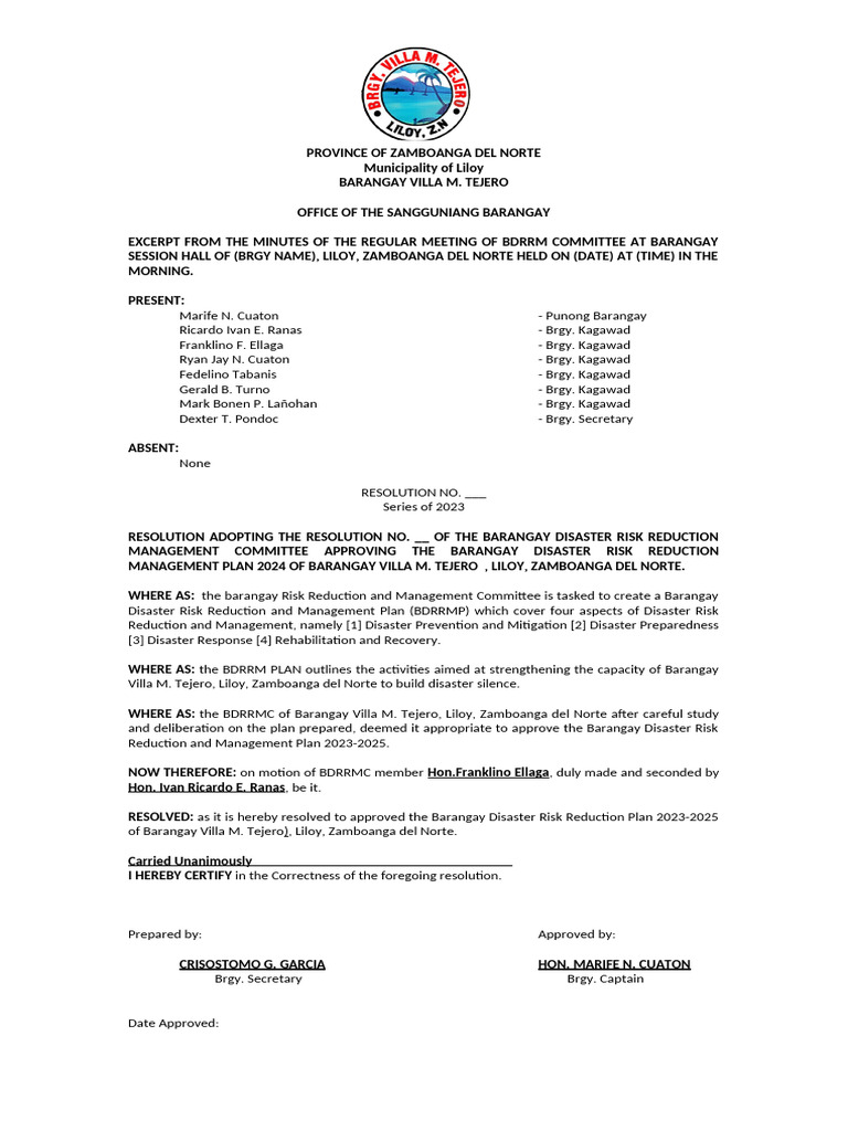 Resolution For Adopting Draft | PDF | Disaster Risk Reduction | Civil ...