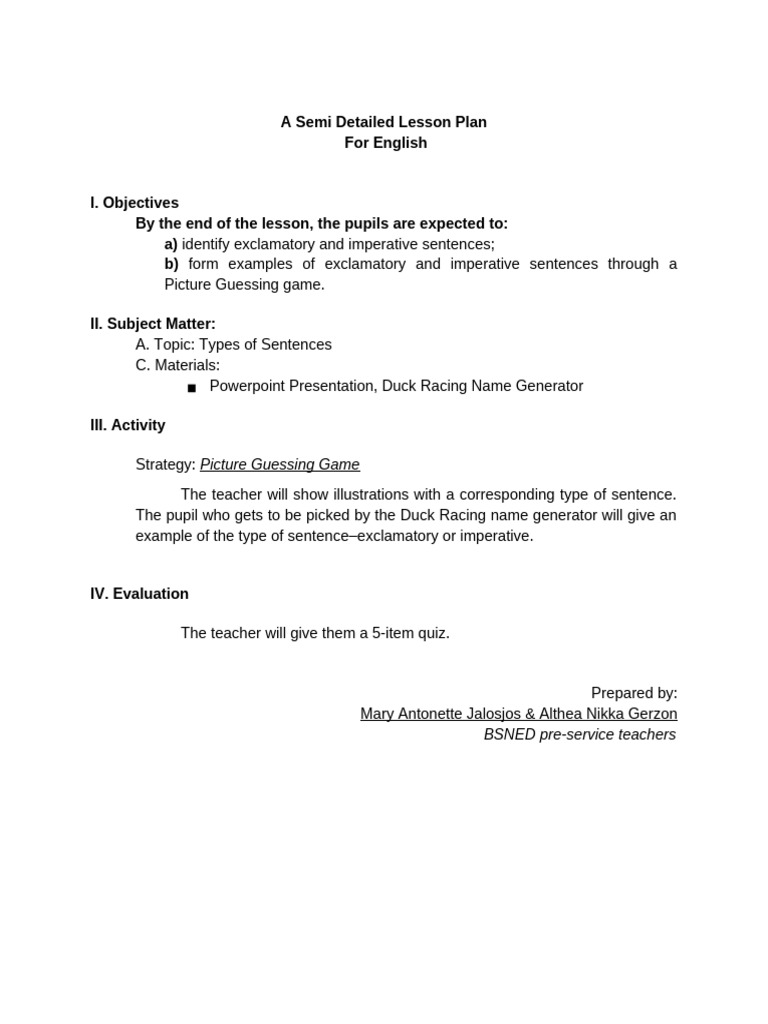 Lesson Plan on Exclamatory & Imperative Sentences | PDF