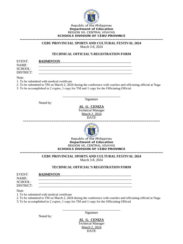 Registration Form 2024 Officiating Officials | PDF | Cebu