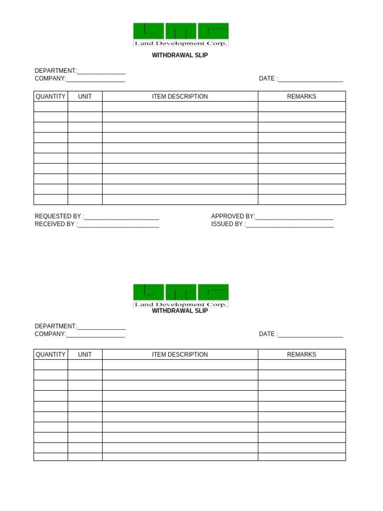 Sample Withdrawal Slip Template | PDF