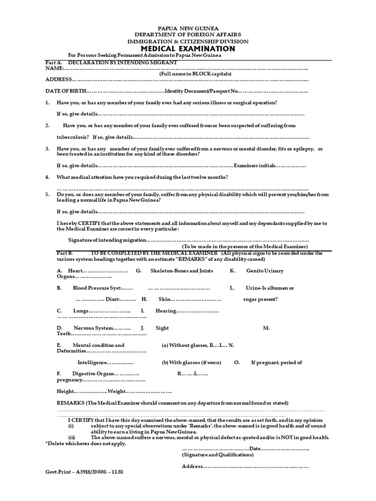 PNG Medical Examination Report Form | PDF | Human Diseases And ...