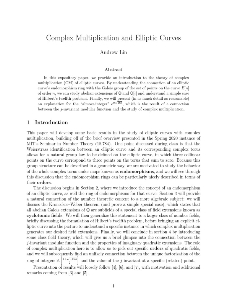 Complex Multiplication in Elliptic Curves | PDF | Field (Mathematics ...