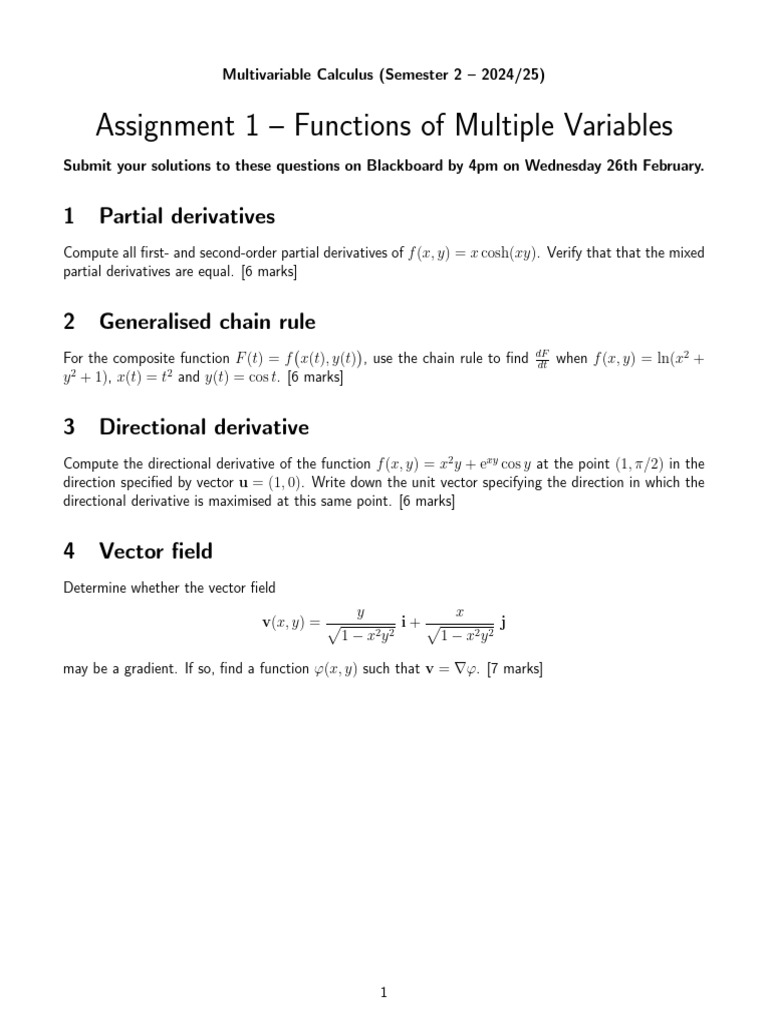 Multivariable Calculus Assignment 1 Guide | PDF