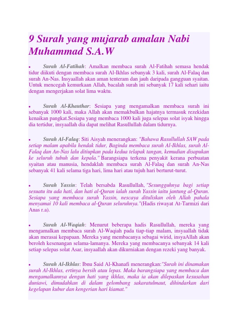 9 Surah Yang Mujarab Amalan Nabi Muhammad Saw Pdf