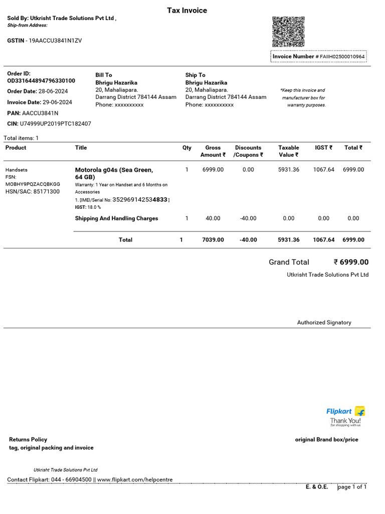Invoice for Motorola g04s Purchase | PDF | Payments