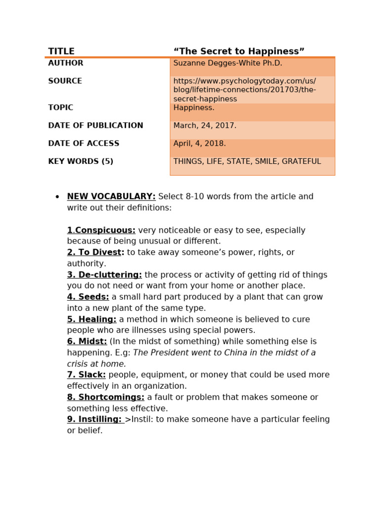 Secret To Happiness Chart Article 3 PDF Happiness Psychology