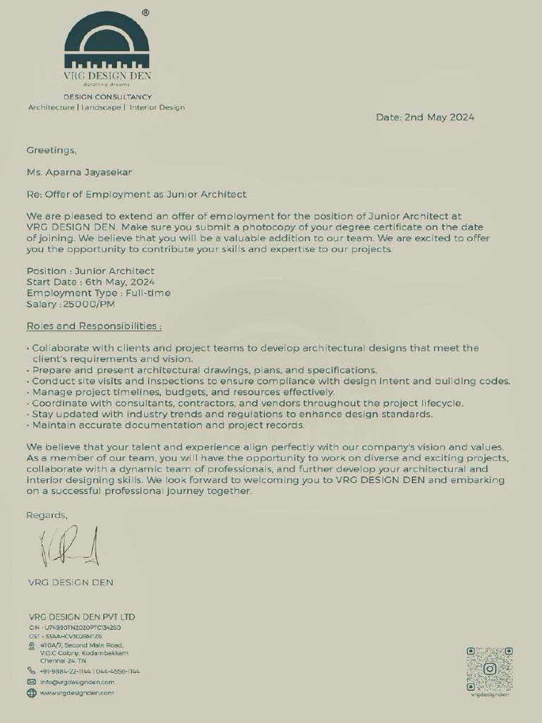 Aparna VRG Offer Letter | PDF