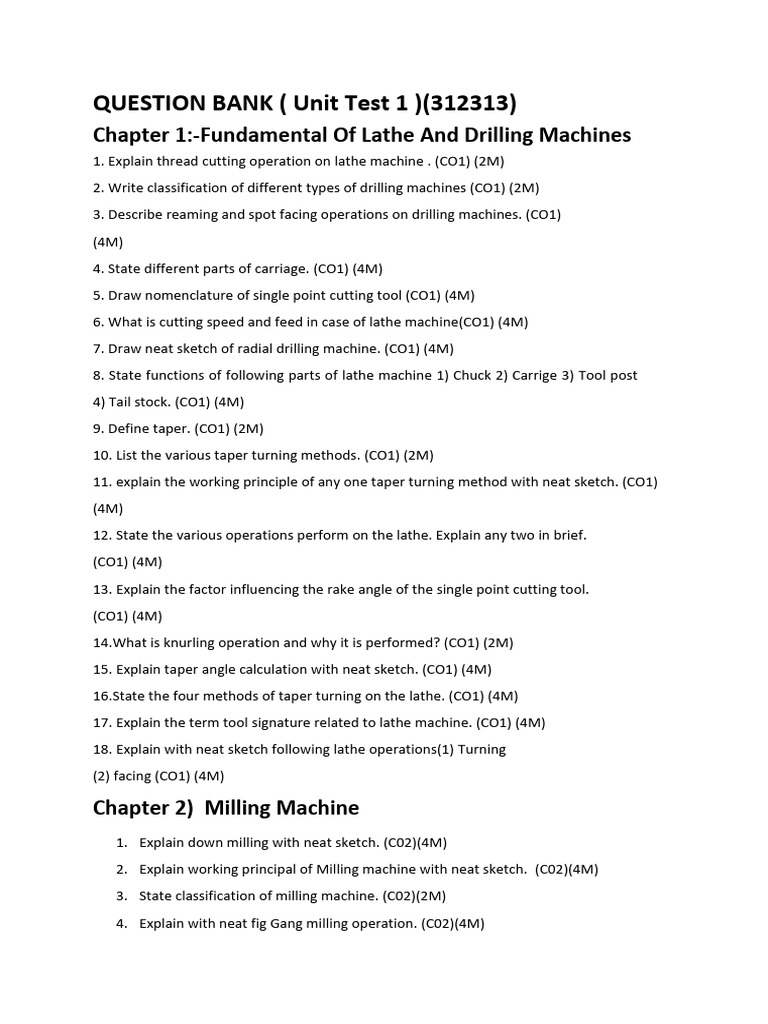 Lathe and Milling Machine Question Bank | PDF
