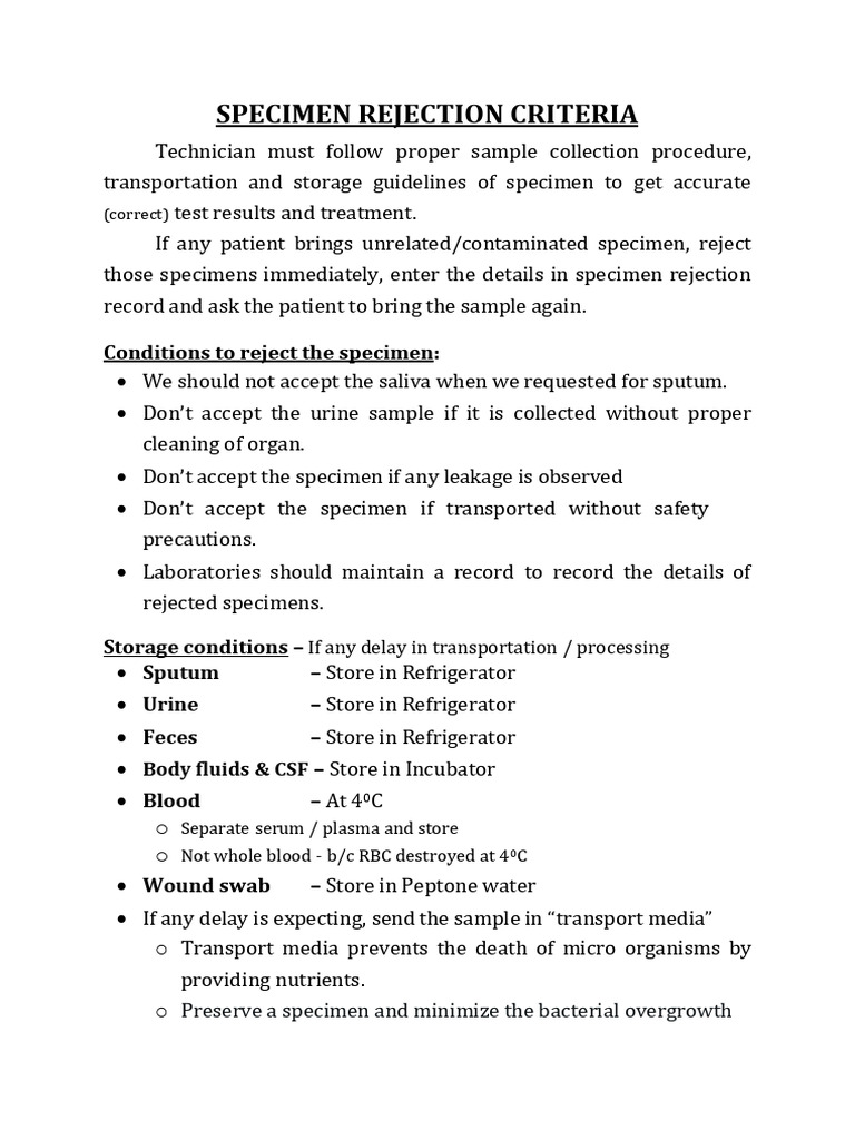 Specimen Rejection Criteria & Storage | PDF