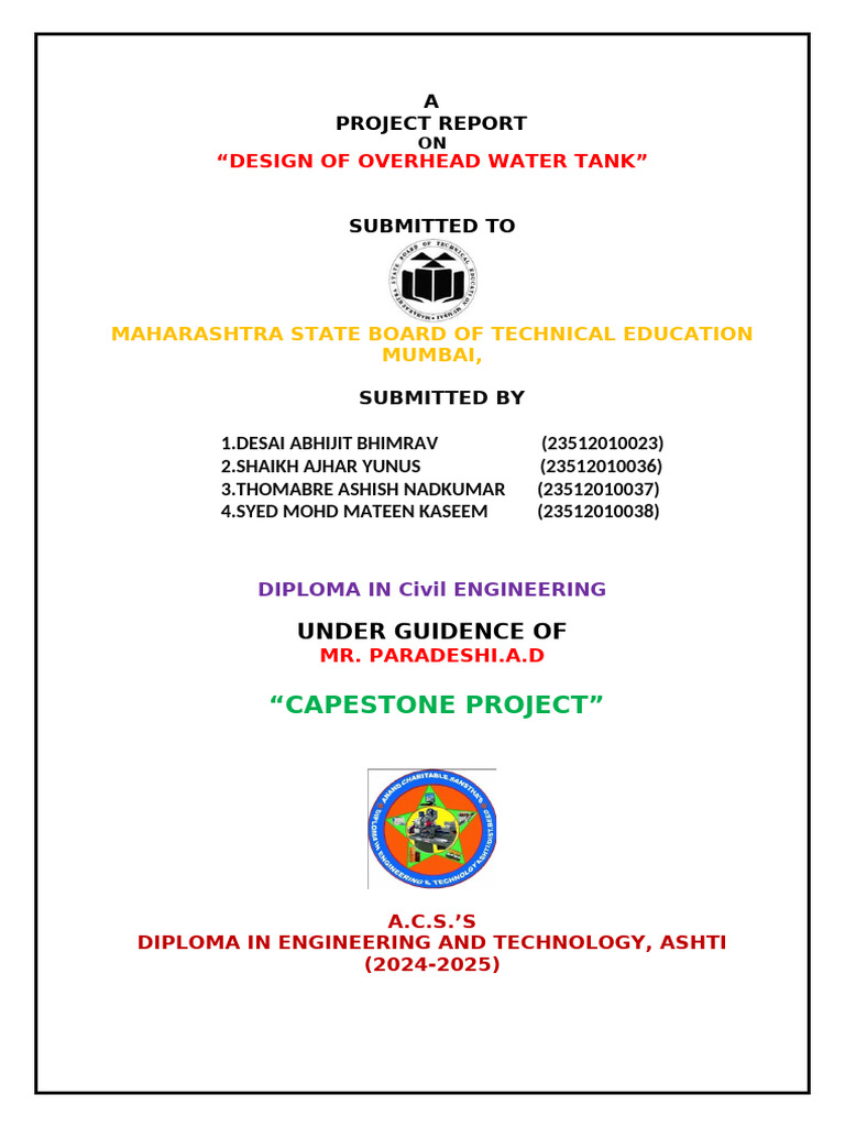 Overhead Water Tank Design Project Report | PDF