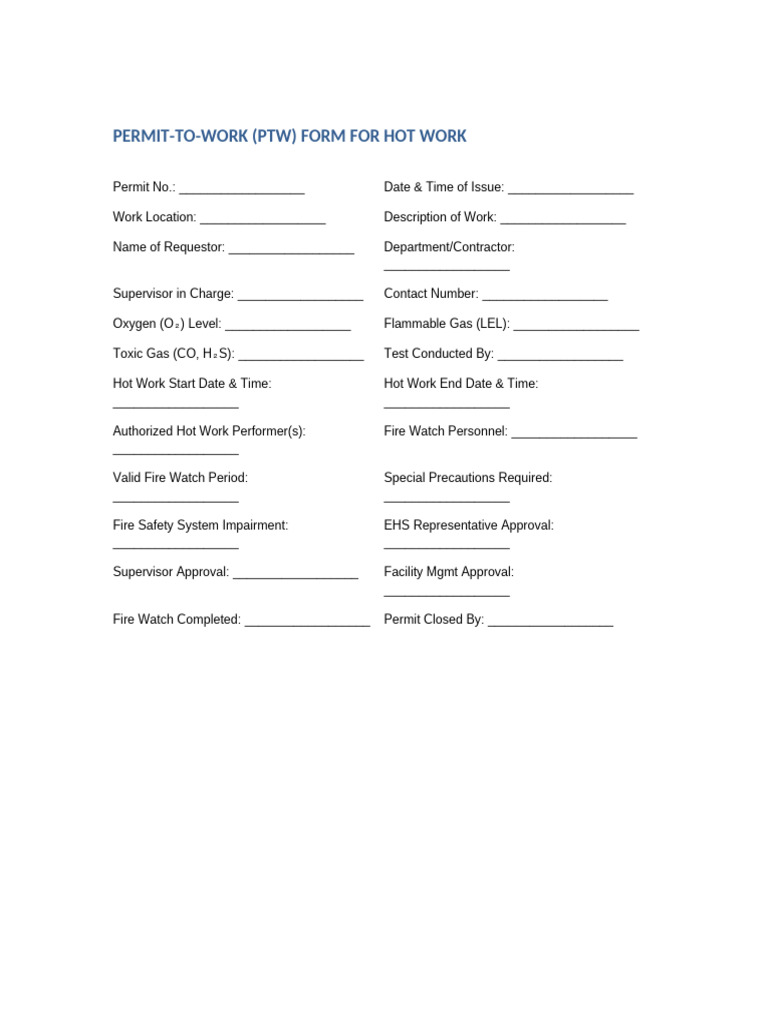 Hot Work Permit-to-Work Form | PDF