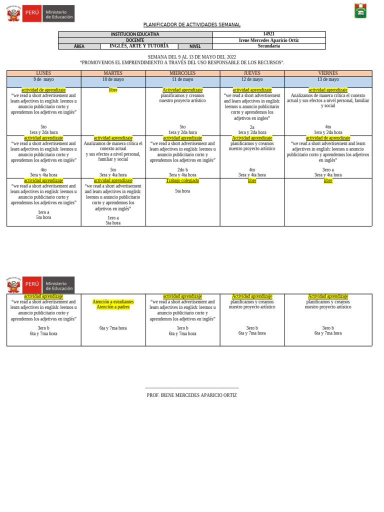 Planificador Del 9 Al 13 de Mayo | PDF | Aprendizaje | Modificación de ...