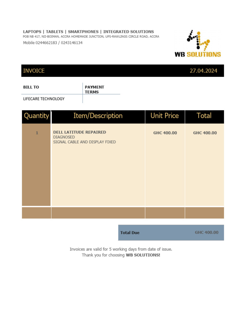 Invoice for Dell Latitude Repair Services | PDF