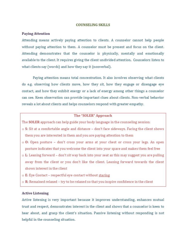 SOLER Technique in Counseling Skills | PDF | Nonverbal Communication ...