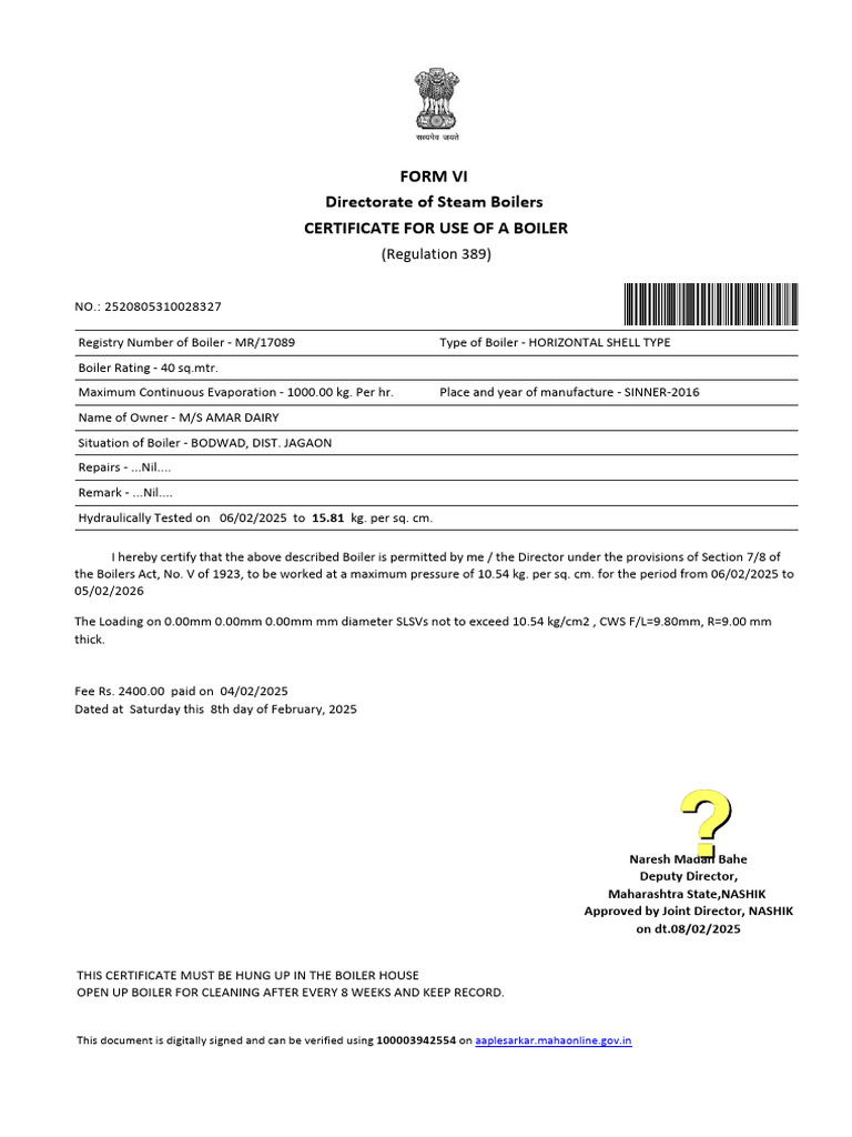 Maharashtra Boiler Use Certificate 2025 | PDF | Boiler