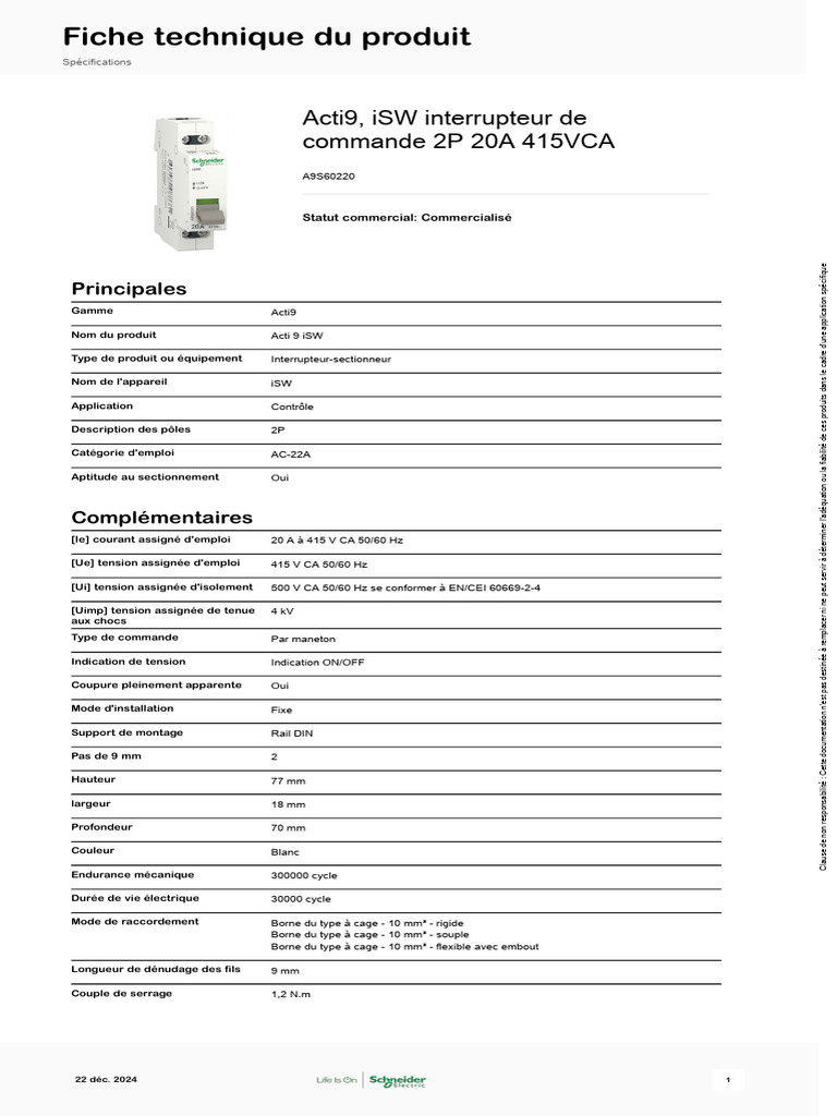 Interrupteur De Commande Schneider Acti9 A9S60220 2P 20A - Neuf Origine France