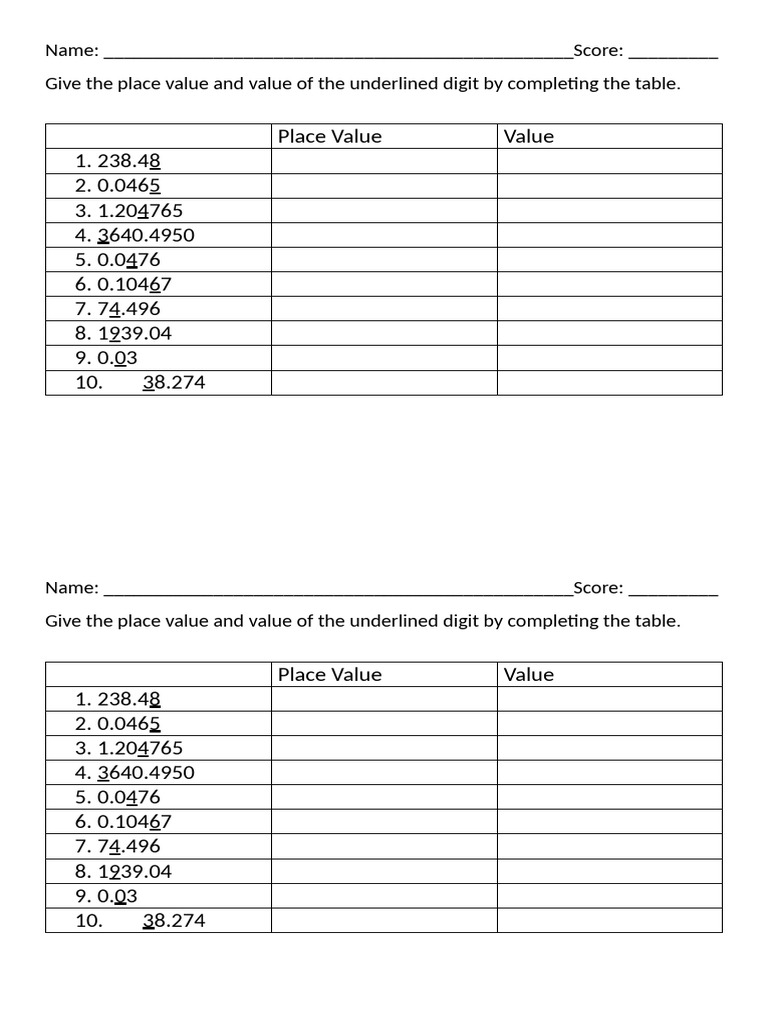 Place Value and Value Worksheet | PDF