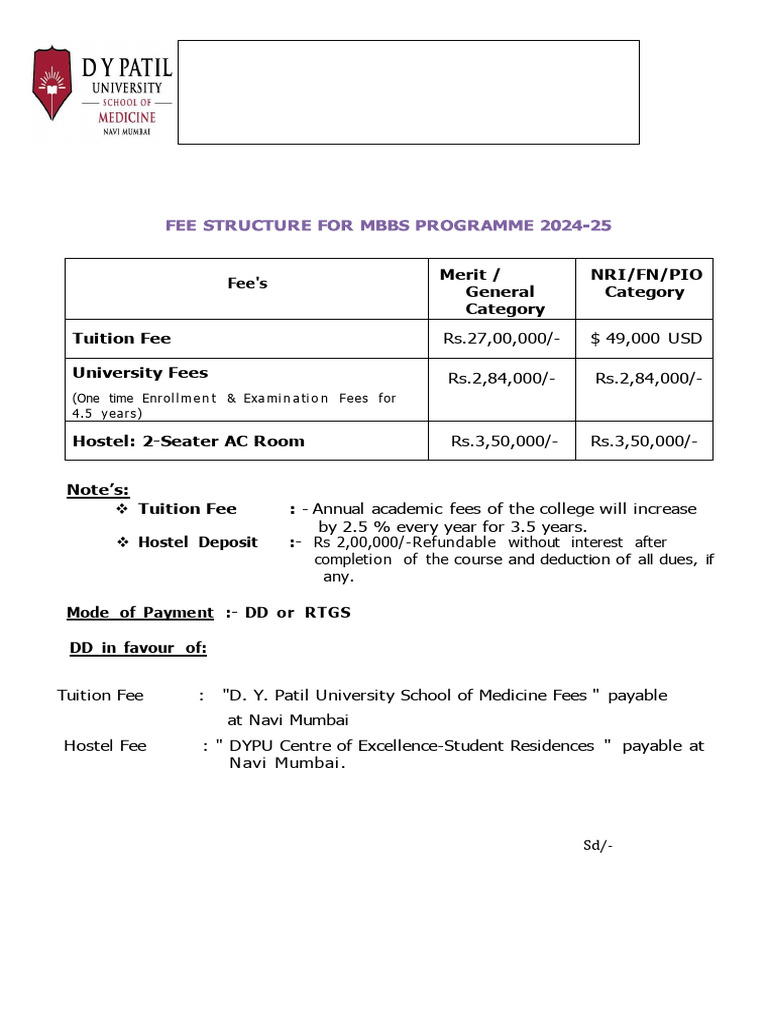 Mbbs Fee Structure For Academic Year 2024 25updated Pdf