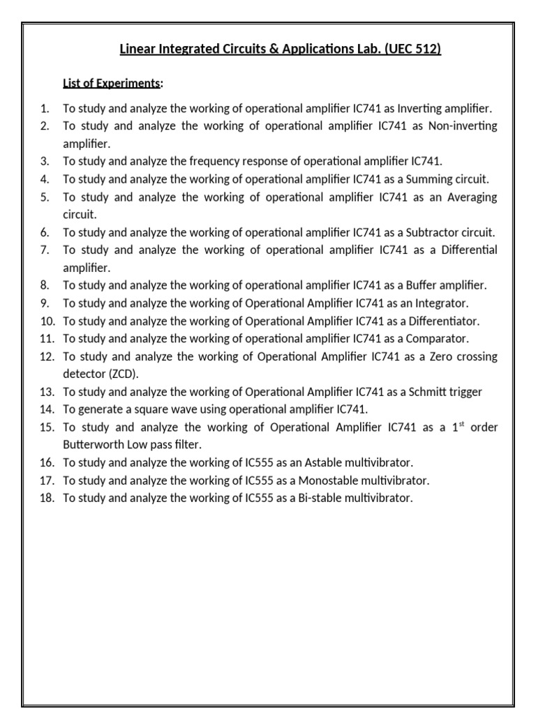 Linear Integrated Circuits Lab Experiments | PDF